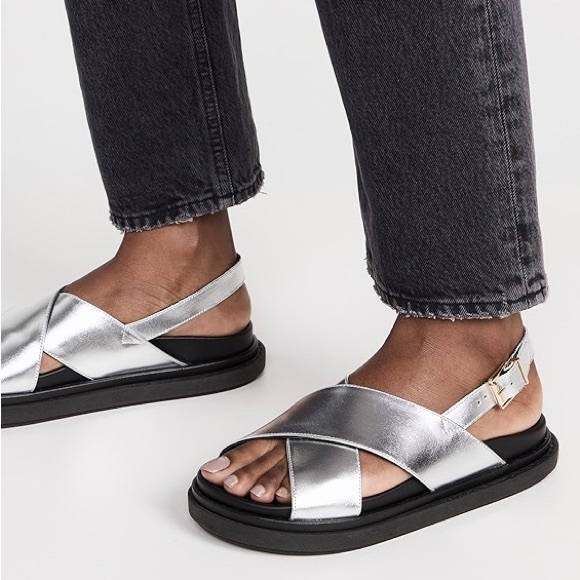 ALOHAS Marshmallow Shimmer Metallic Silver Leather Chunky Sandals - Picture 1 of 7